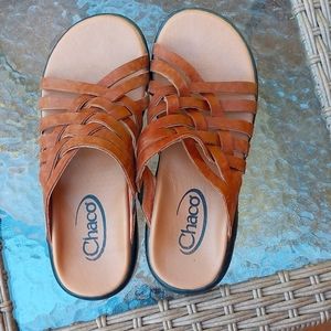 Chacos leather slip on sandals, tan leather,  women's size 10